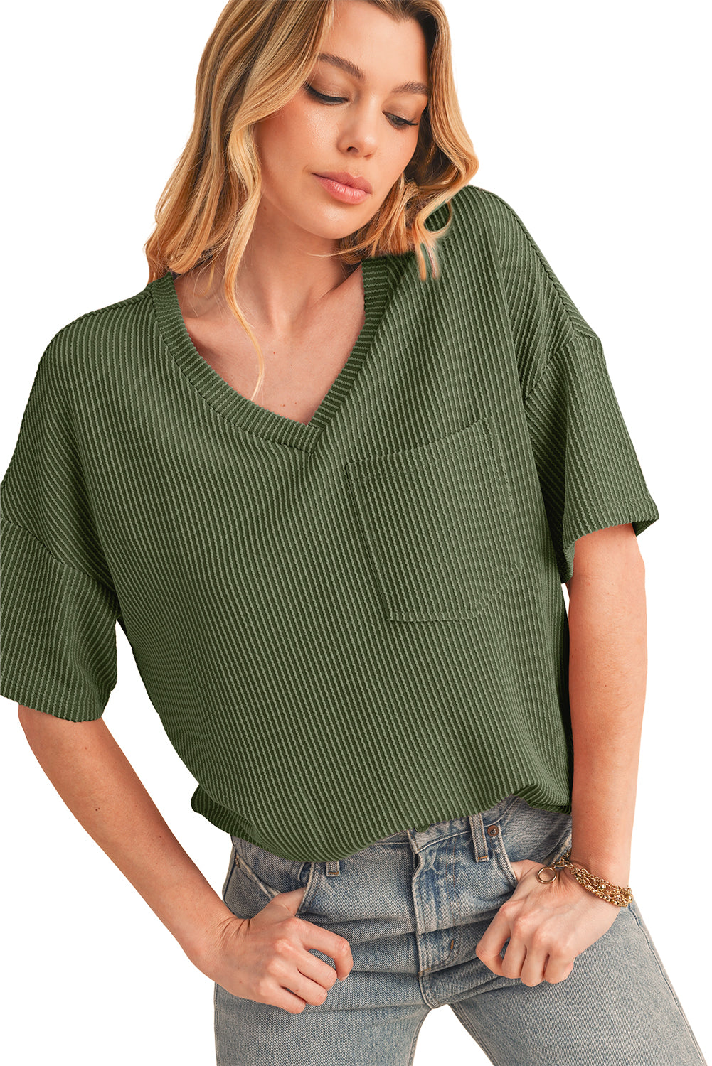 Valerian Ribbed V Neck Pocket Drop Sleeve T-Shirt