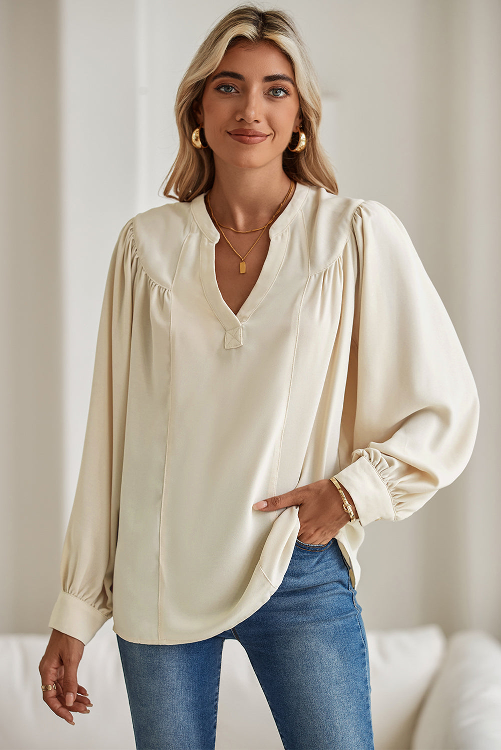 White Solid Color Lantern Sleeve Notched V Neck Blouse