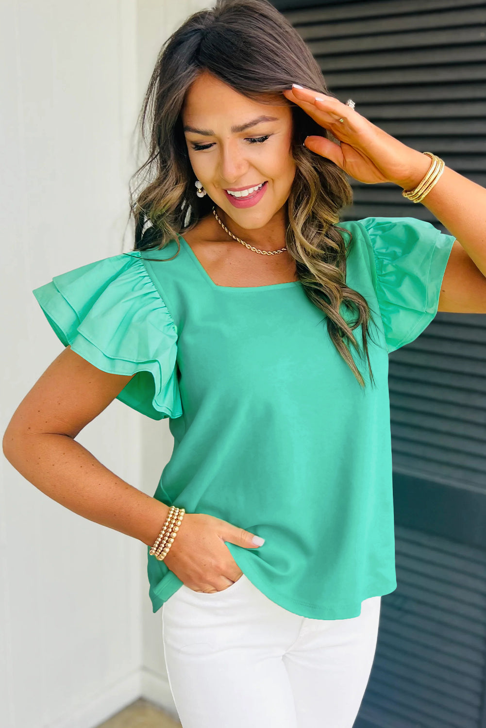 Mint Green Ruffle Flutter Sleeve Square Neck Top