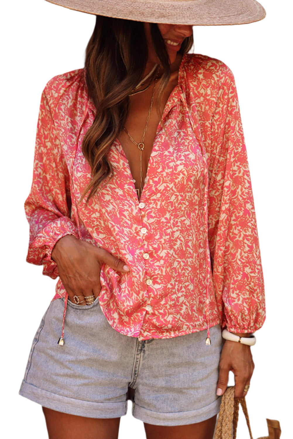 Pink Bubble Sleeve Floral Shirt with Lace up