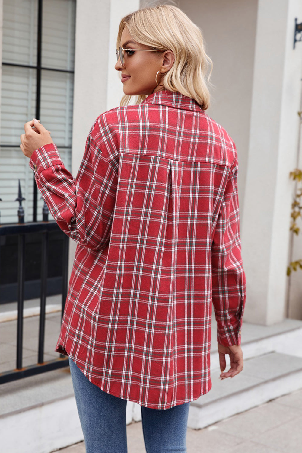 Red Plaid Chest Pocket Button Front Shirt