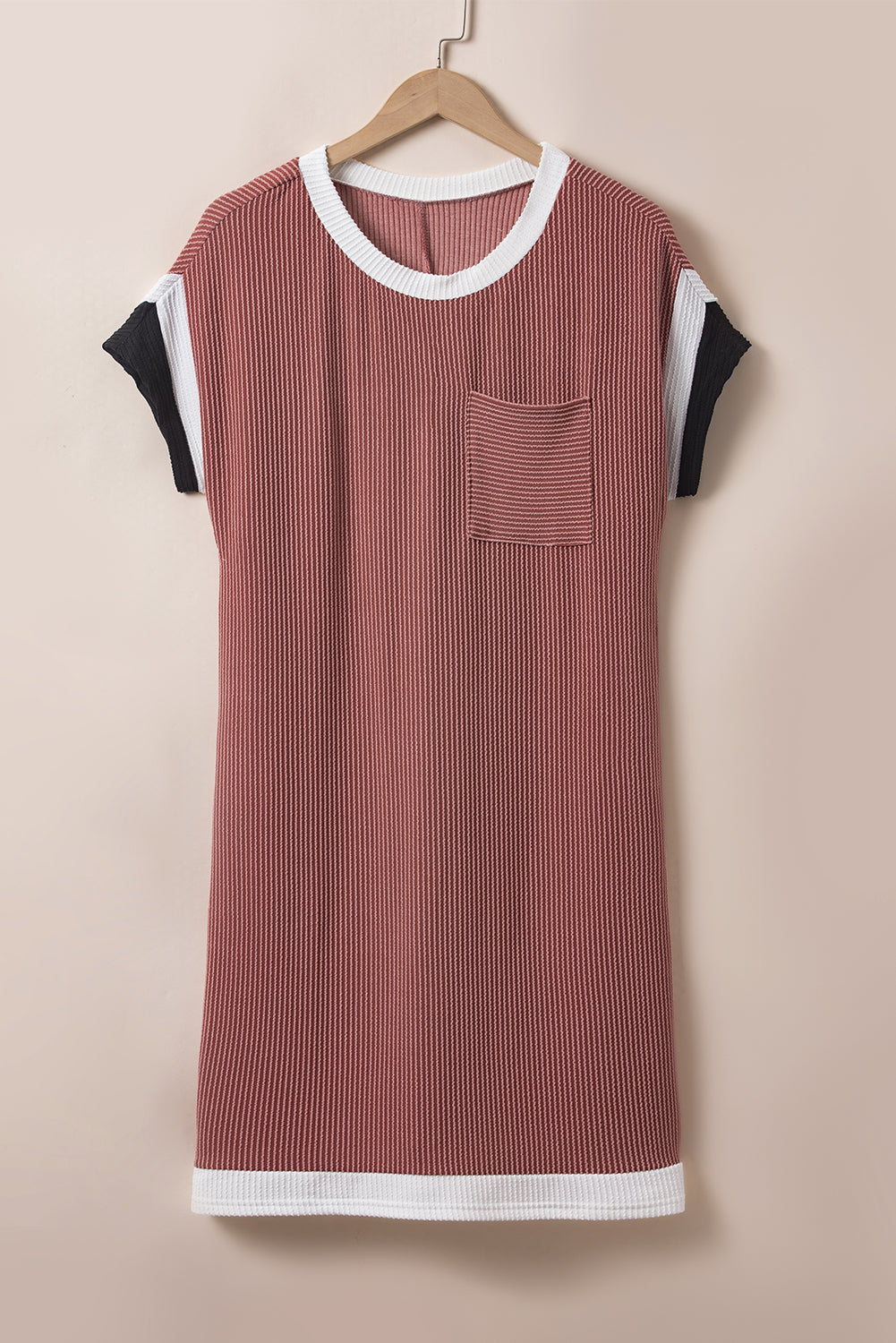 Rose Red Rib Textured Colorblock Contrast Pocket T Shirt Dress