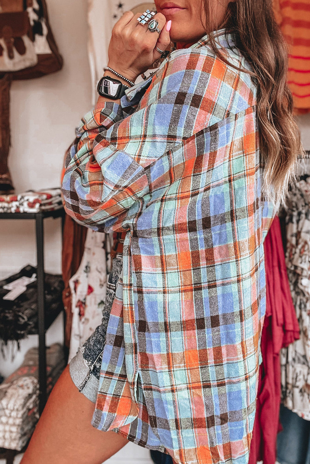 Orange Plaid Print Pocket Loose Shirt