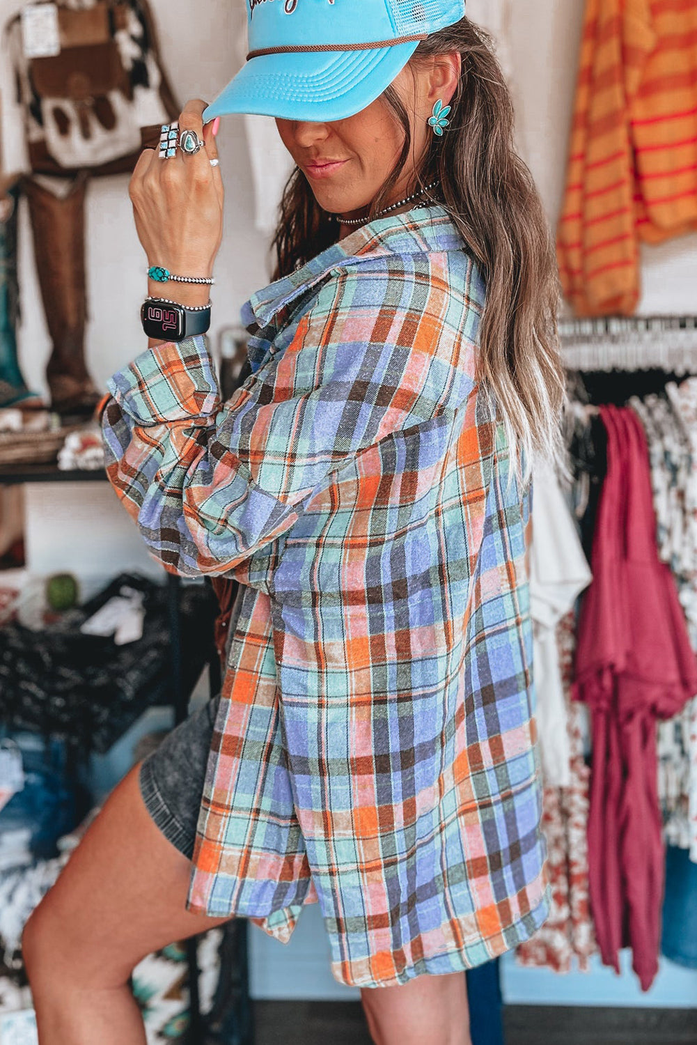 Orange Plaid Print Pocket Loose Shirt