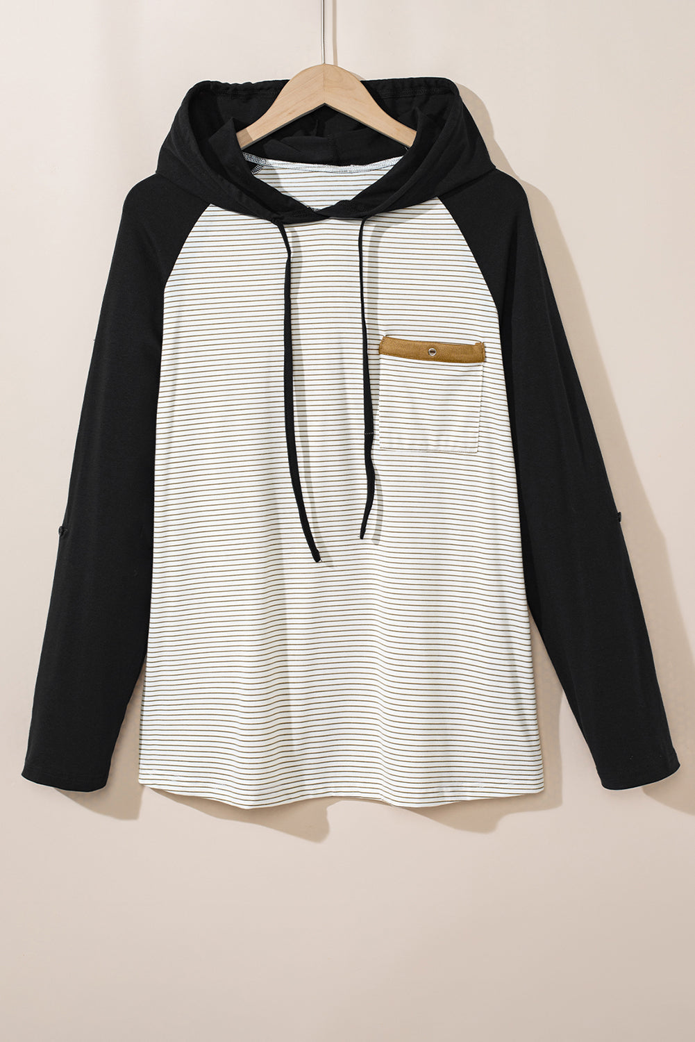 Black Striped Raglan Sleeve Pocket Plus Size Hoodie