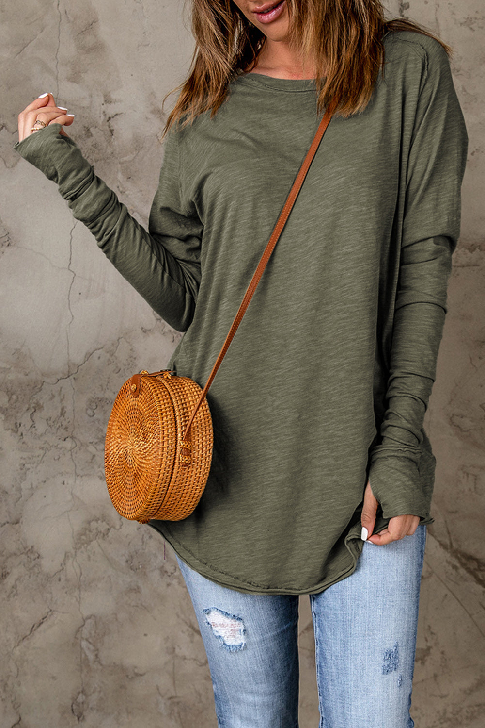 Dark Red Plain Thumbhole Long Sleeve Top