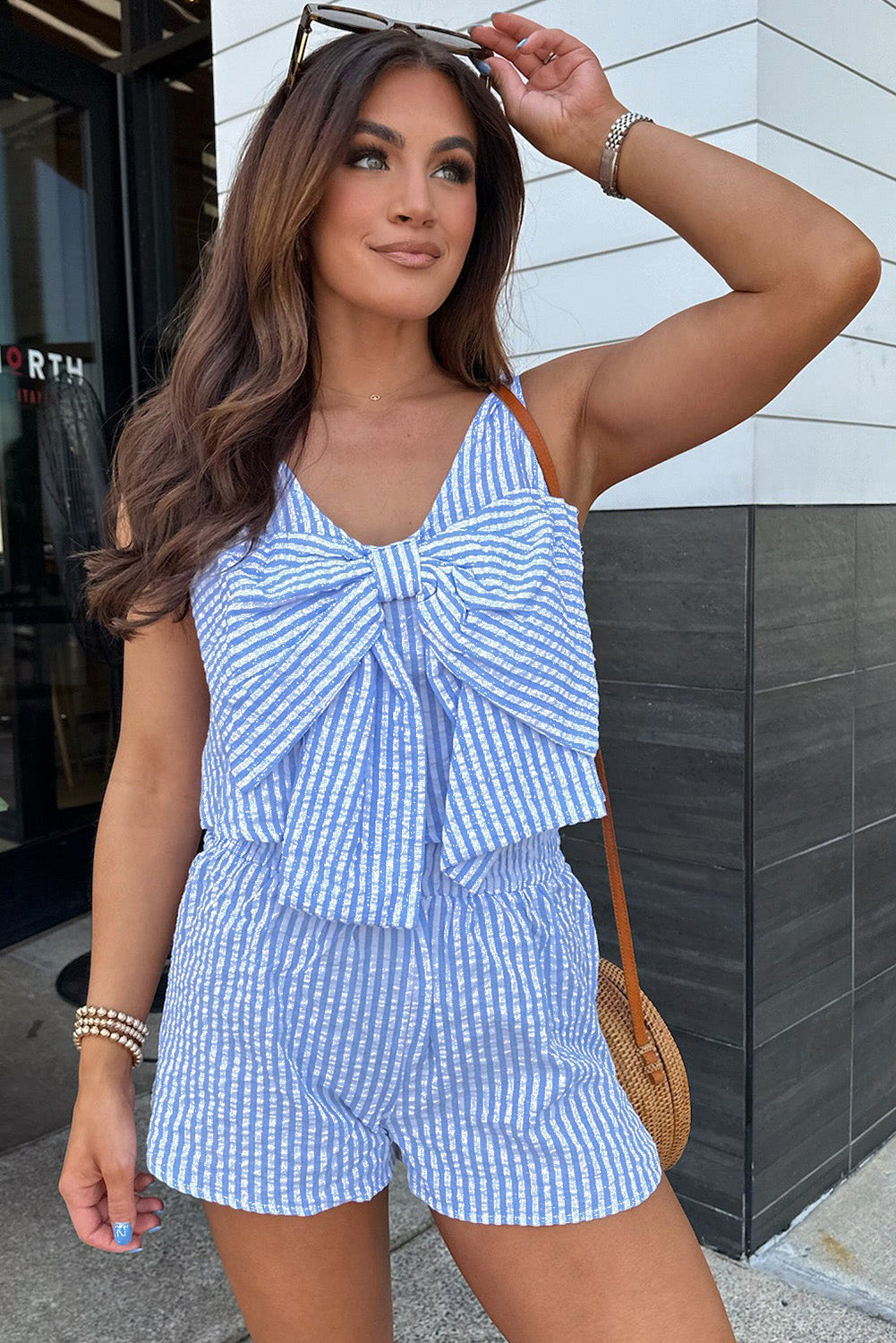 Sky Blue Stripe Bowknot V neck Crop Tank and Shorts Set