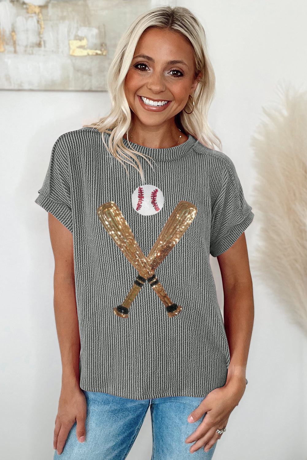 Wholesale Medium Grey Ribbed Knit Sequin Baseball Graphic T Shirt