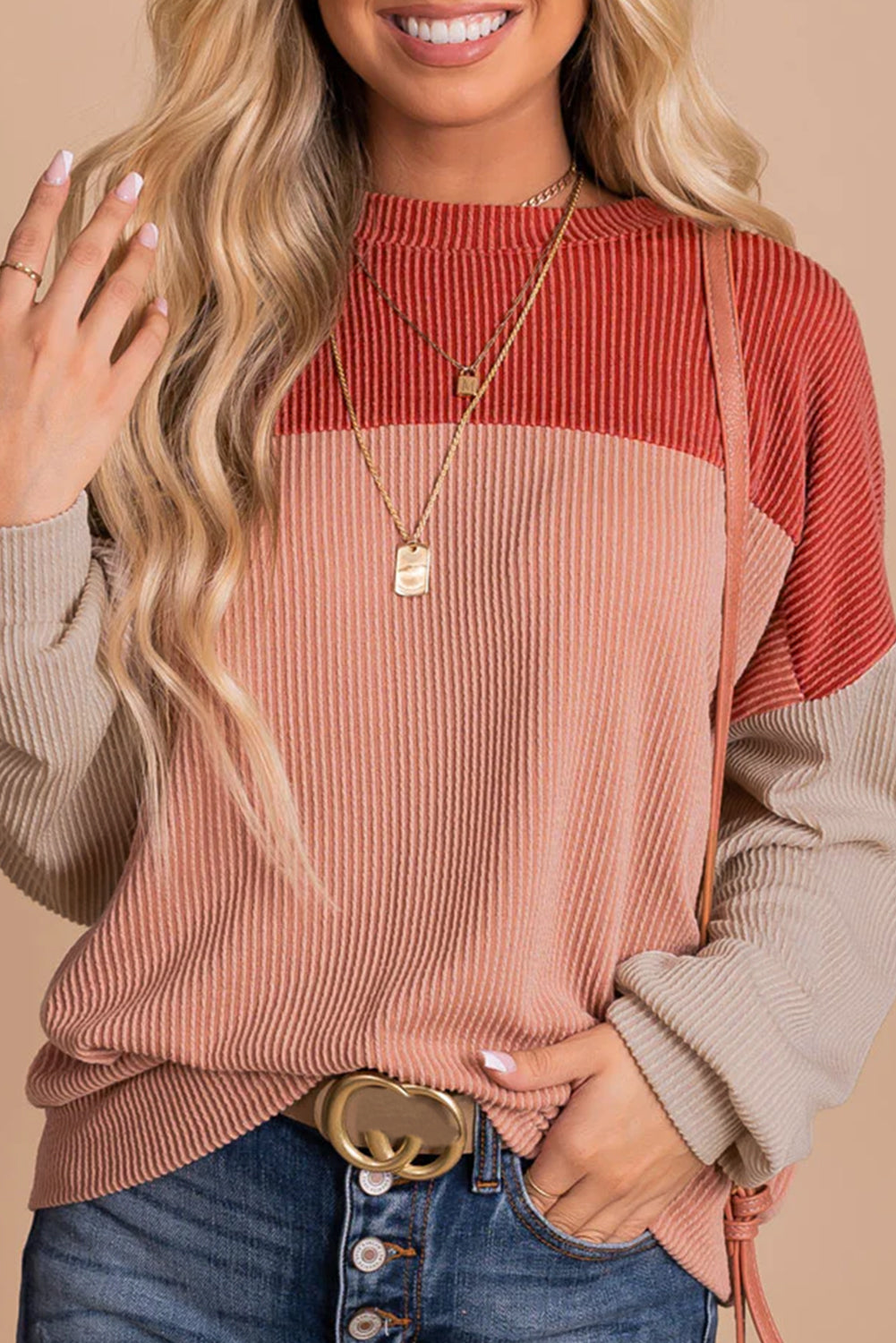 Dark Green Color Block Cording Loose Long Sleeve Top