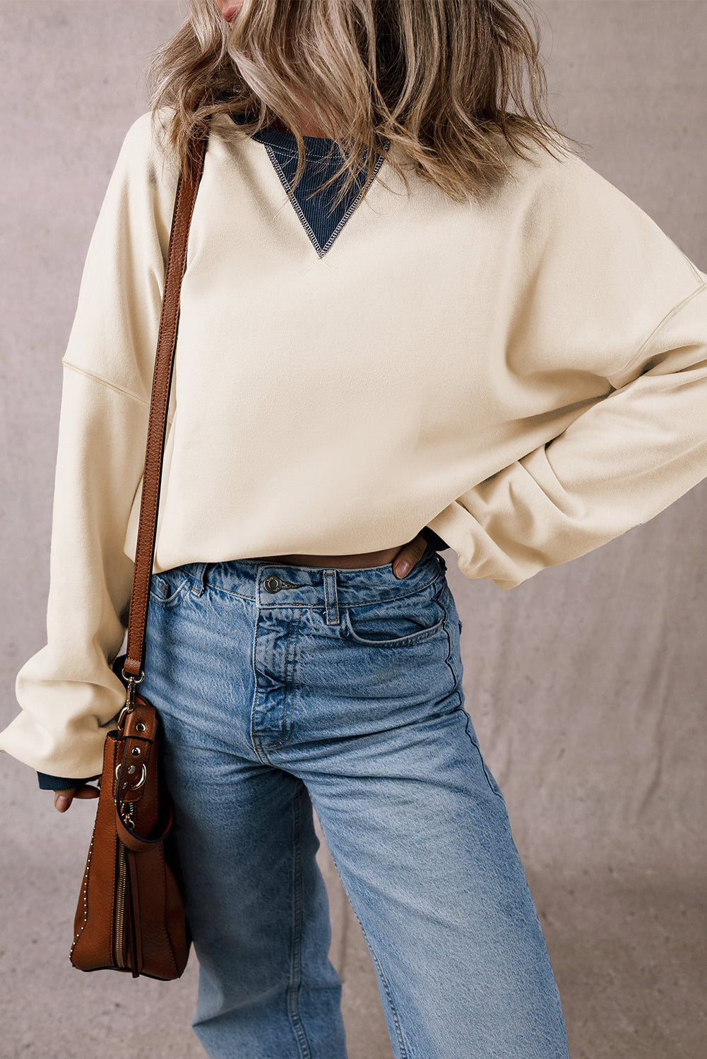 White Color Block Drop Shoulder Crewneck Oversized Sweatshirt