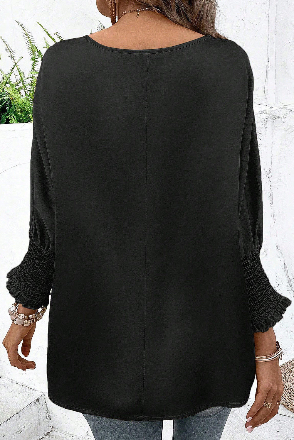 Black Smocked Dolman Sleeve Satin Blouse