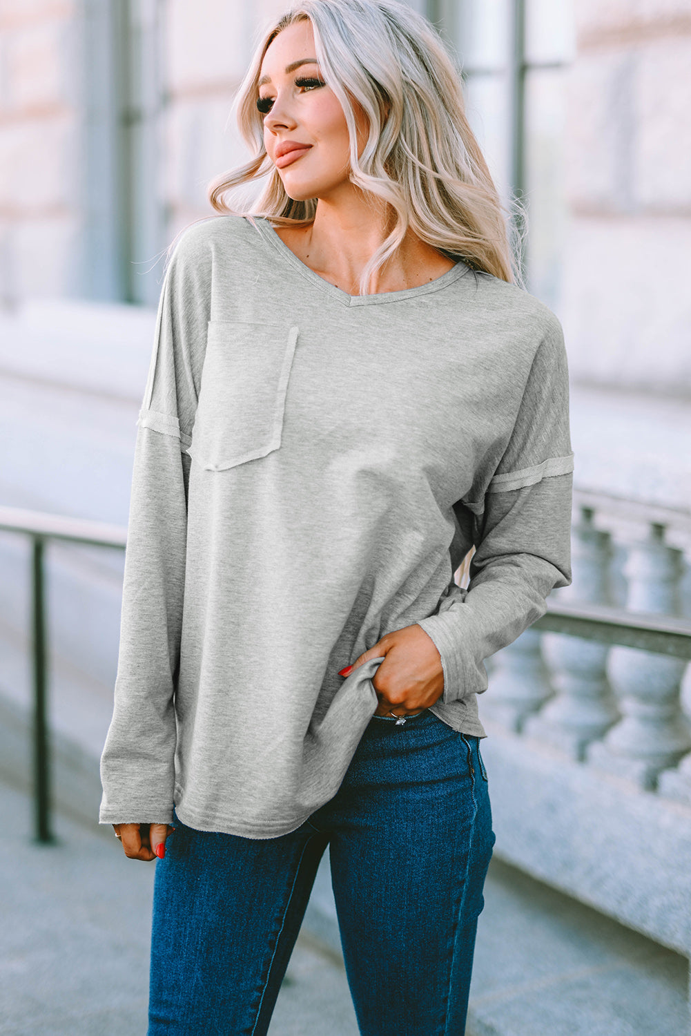 Grey V Neck Exposed Seam Drop Shoulder Long Sleeve Top