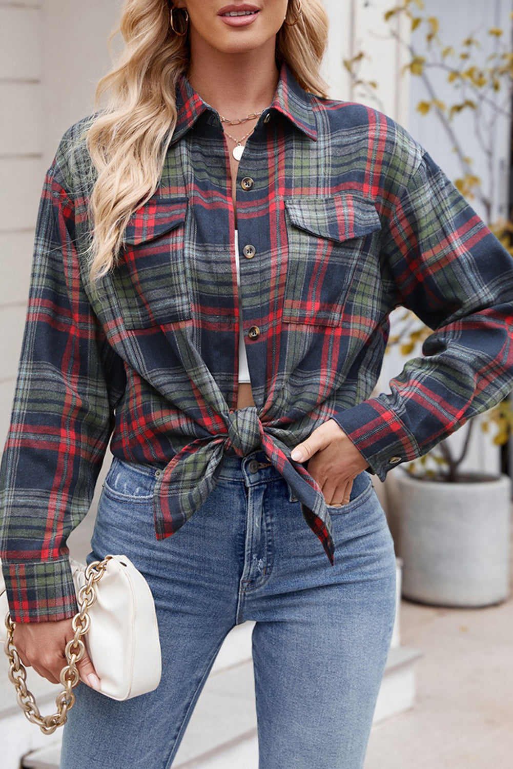 Red Plaid Chest Pocket Button Front Shirt