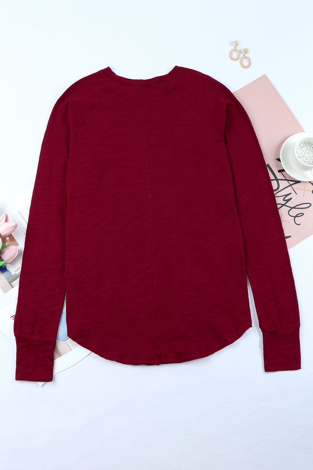 Dark Red Plain Thumbhole Long Sleeve Top