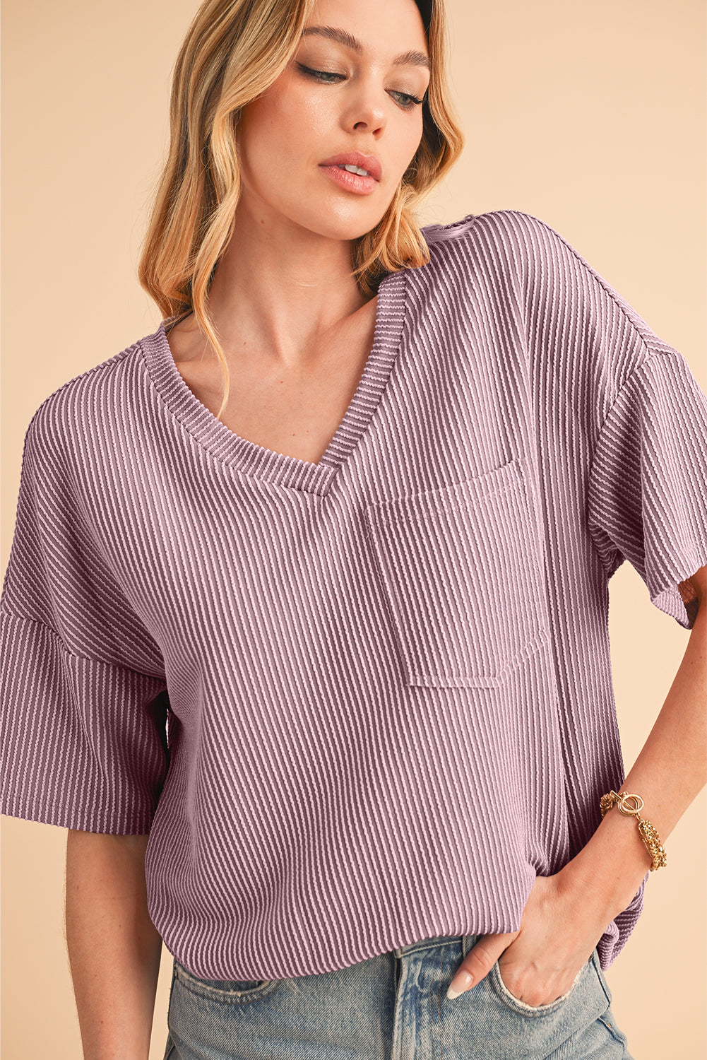 Valerian Ribbed V Neck Pocket Drop Sleeve T-Shirt