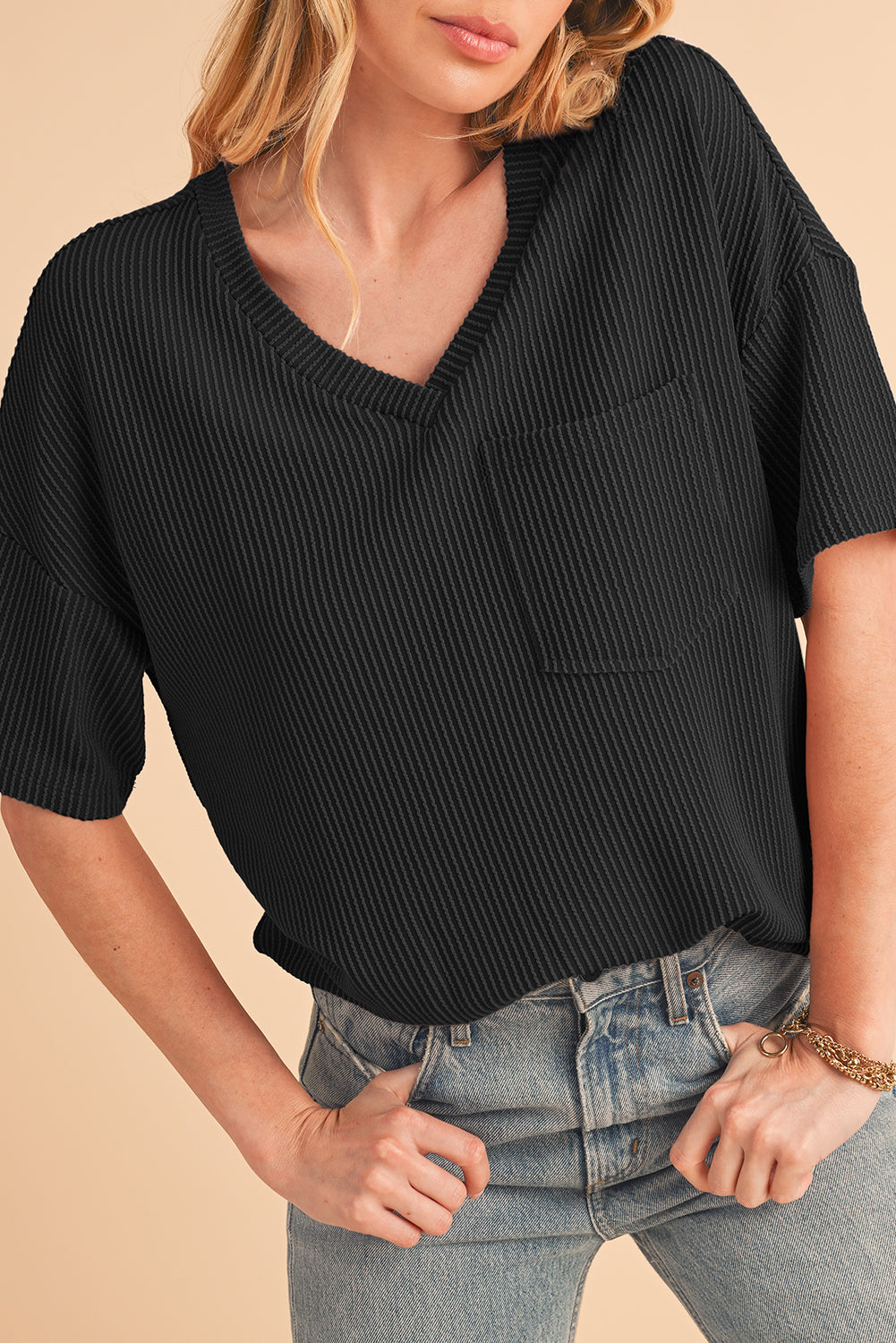 Valerian Ribbed V Neck Pocket Drop Sleeve T-Shirt