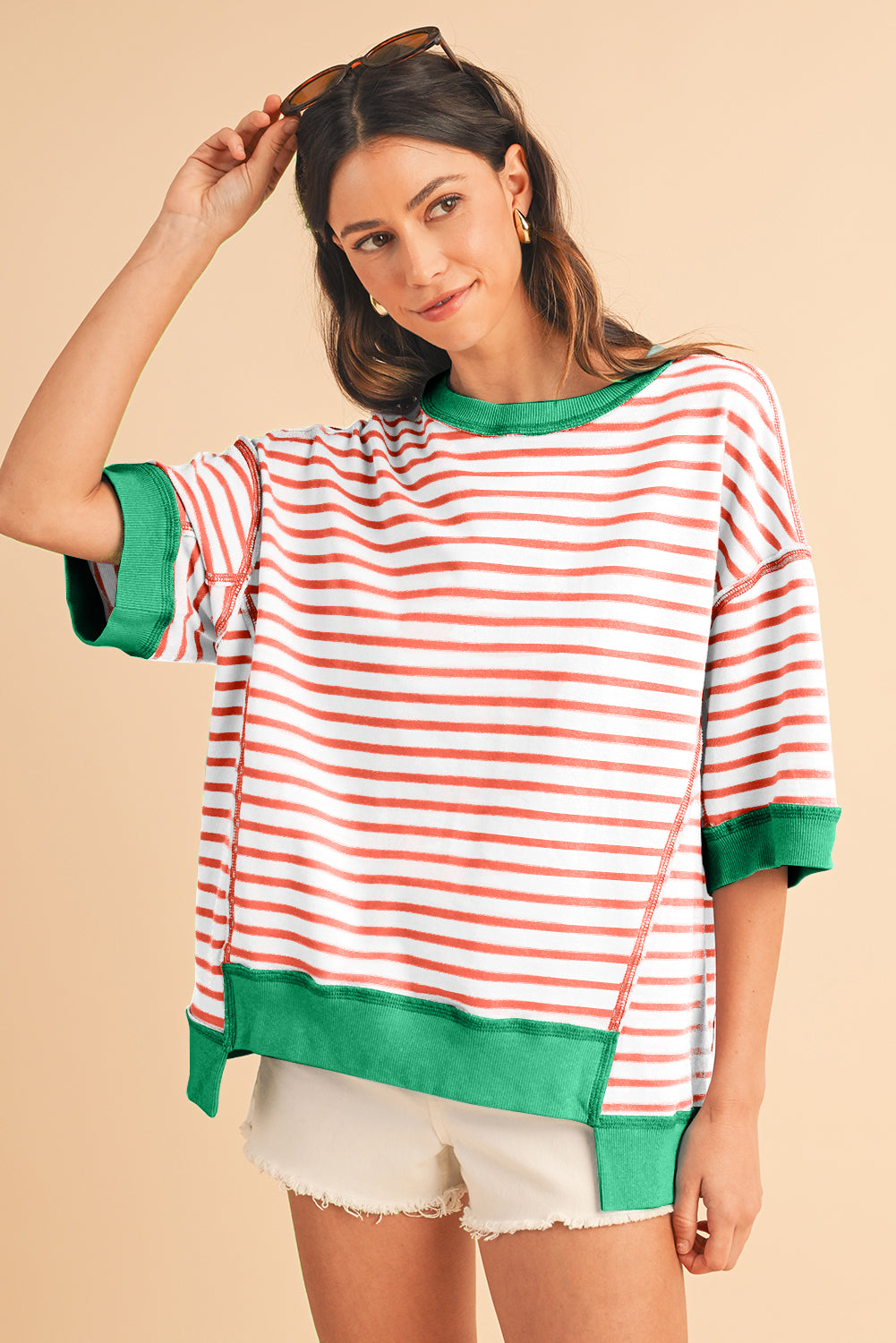 Pink Stripe Colorblock Drop Sleeve Oversized T Shirt