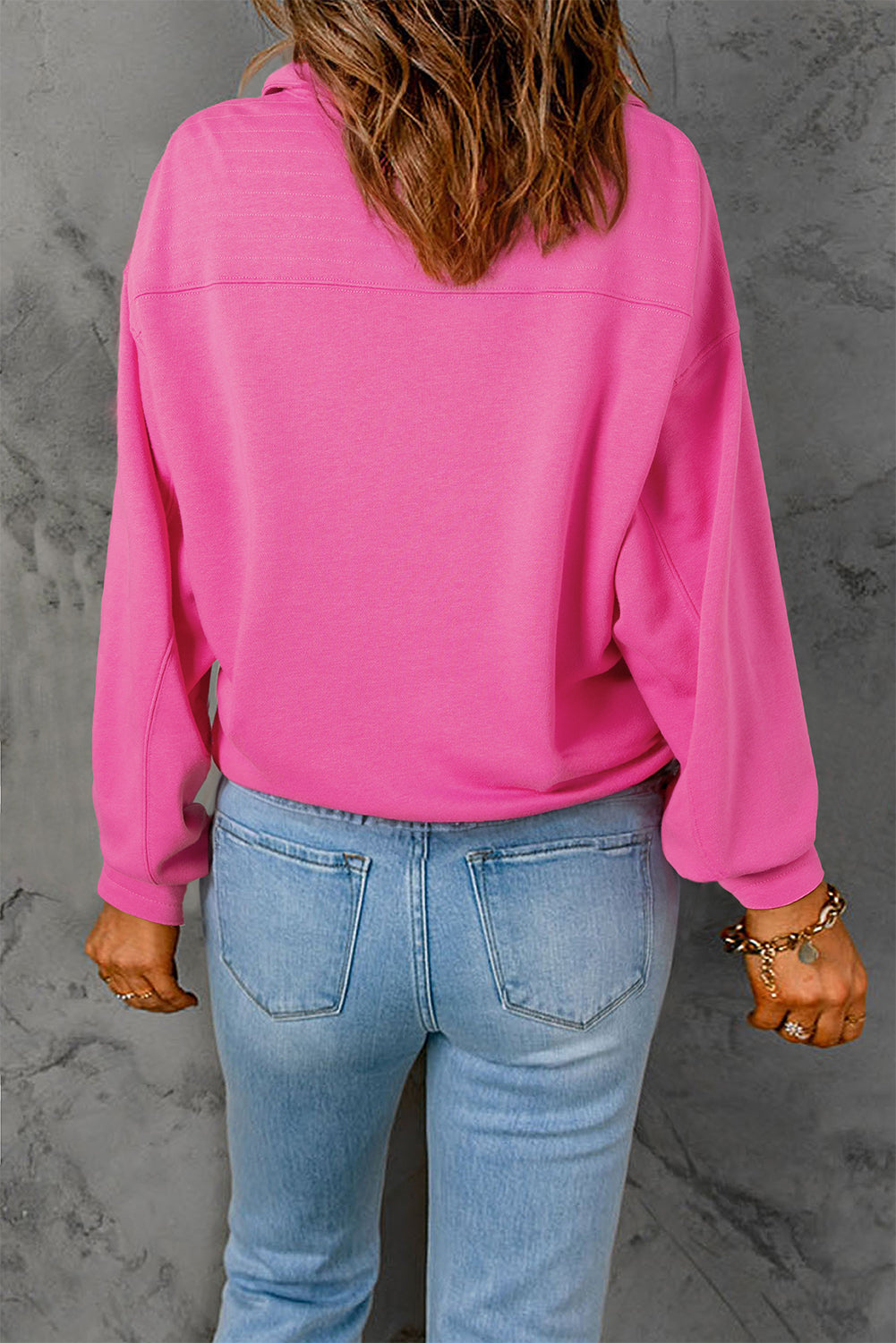 Bright Pink Plain Half Button Henley Collared Sweatshirt