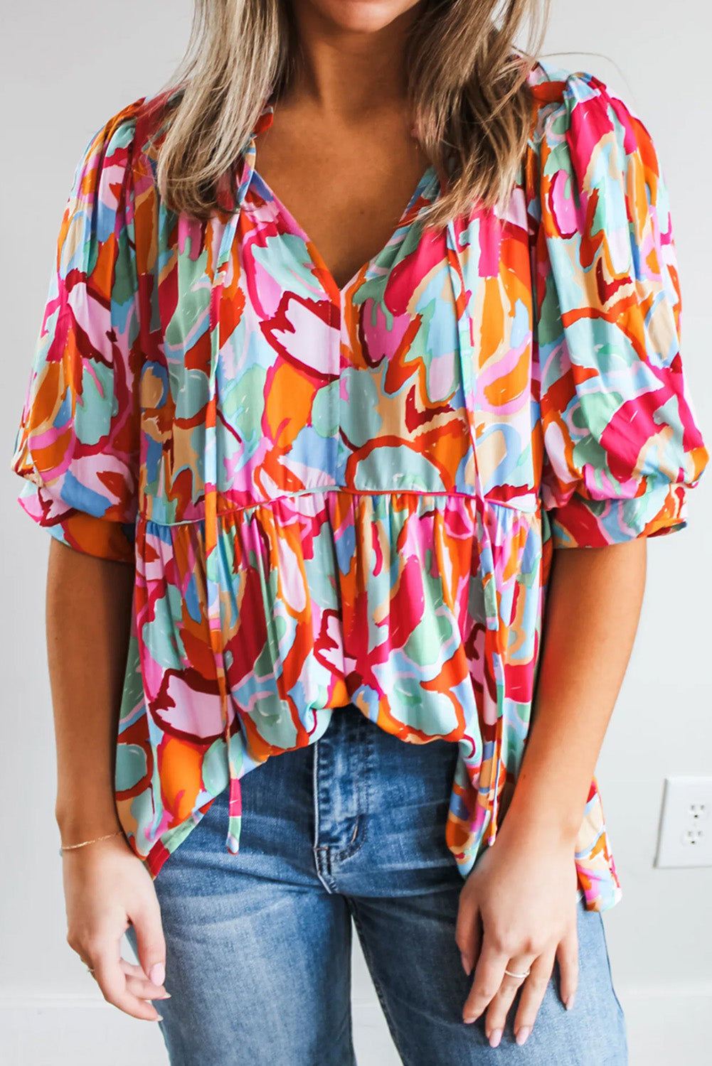 Rose Red Abstract Print V Neck Puff Sleeve Blouse