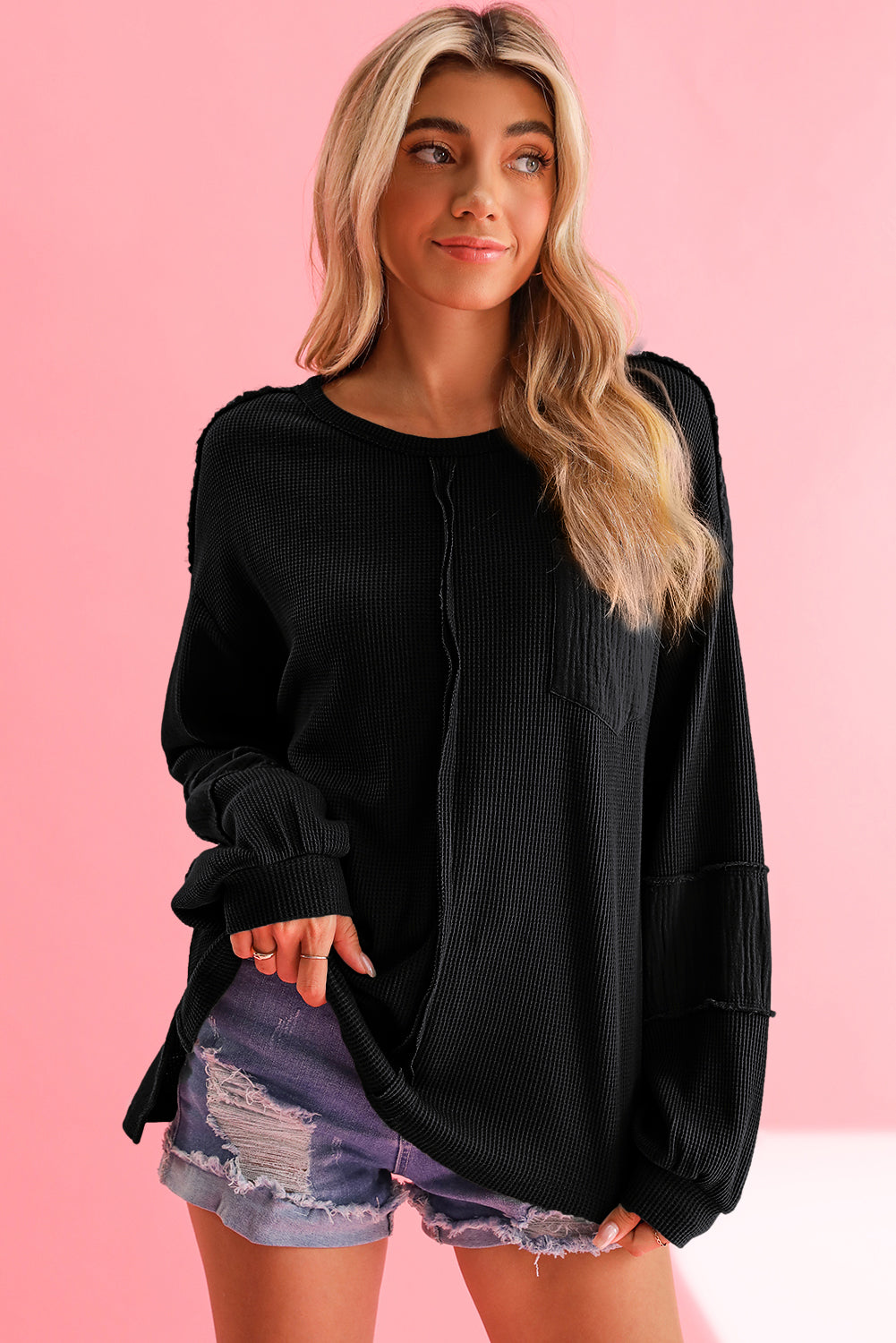 Black Waffle and Crinkle Long Sleeve Top