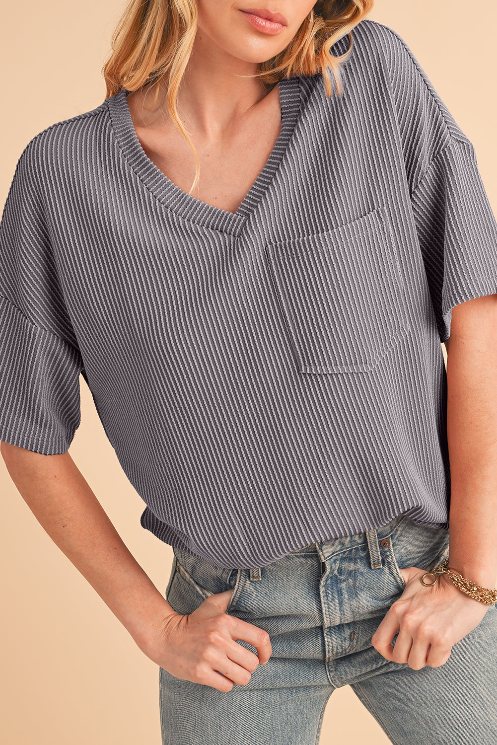 Valerian Ribbed V Neck Pocket Drop Sleeve T-Shirt