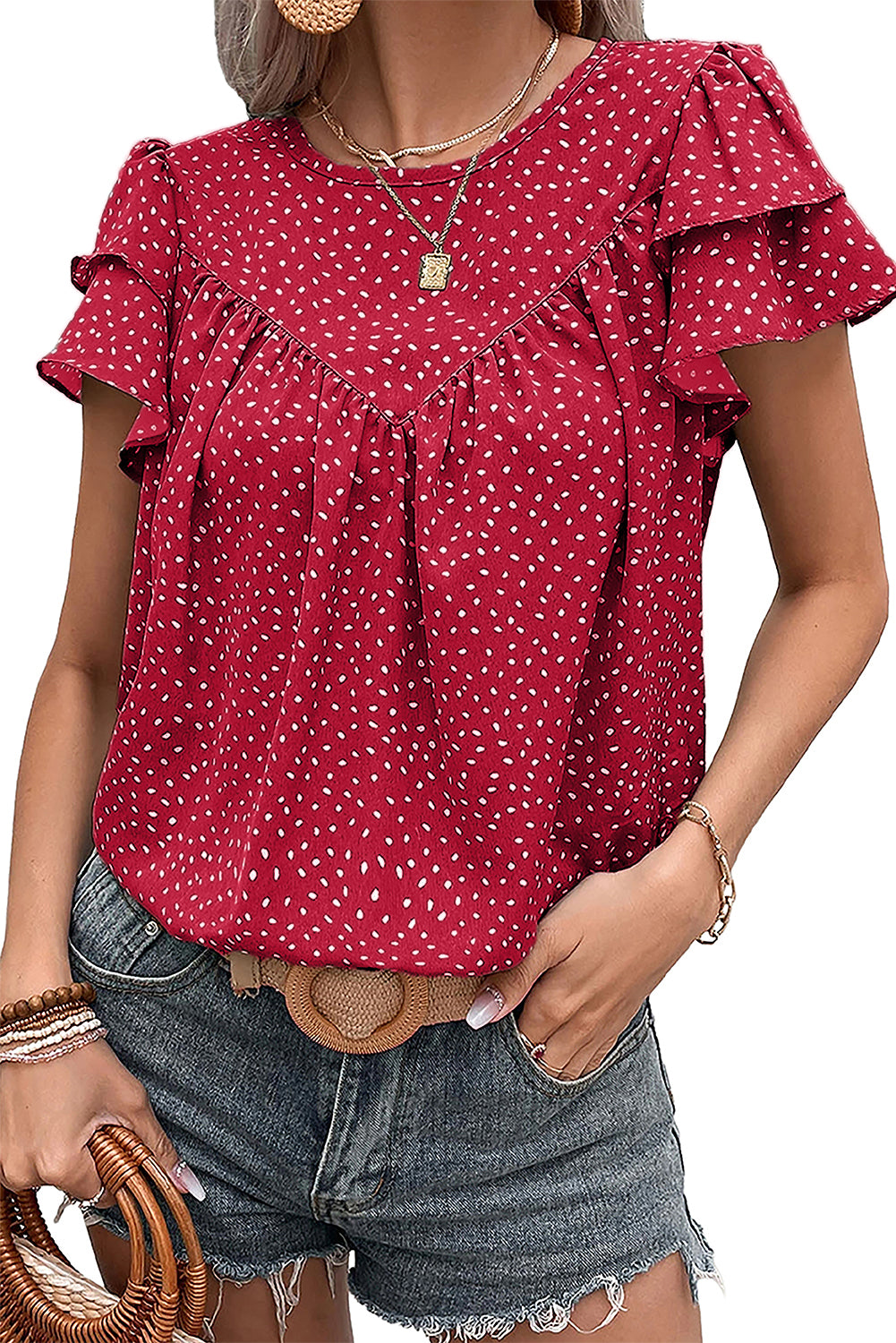 Fiery Red Spotted Print Pleated Ruffle Sleeve Blouse *** Expected Ship Date: 6/5/24