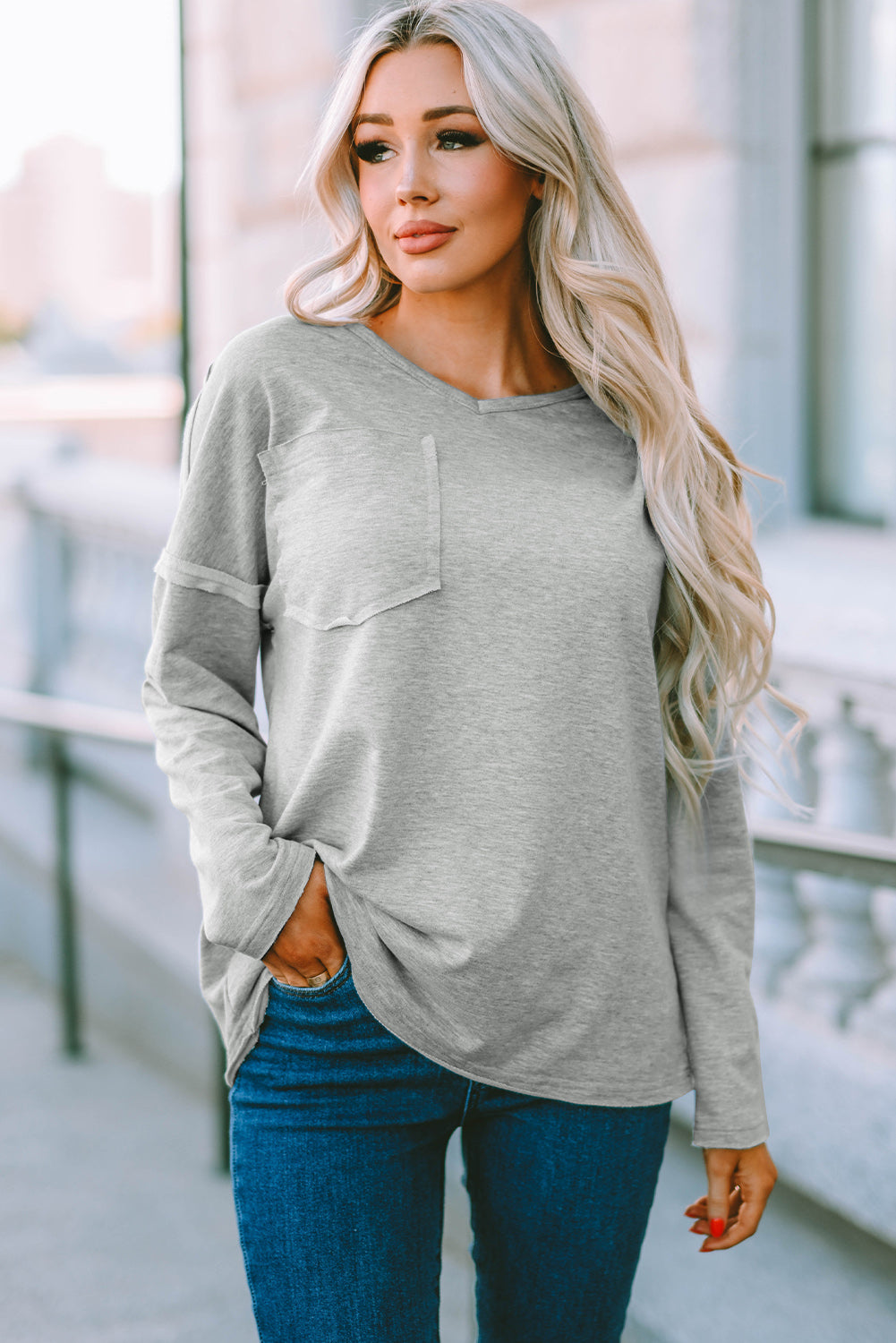 Grey V Neck Exposed Seam Drop Shoulder Long Sleeve Top