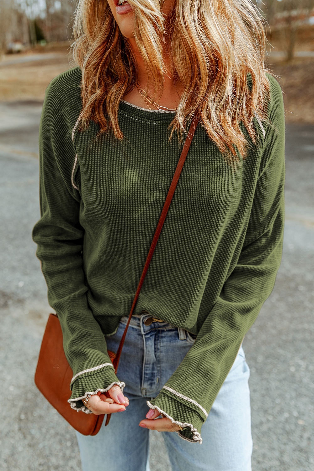 Red Exposed Seam Textured Pullover Long Sleeve Top