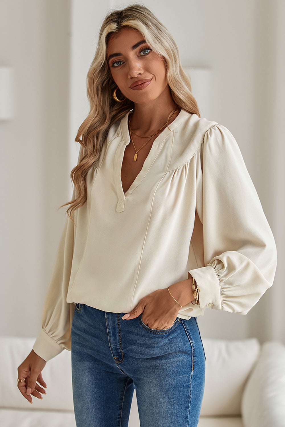 White Solid Color Lantern Sleeve Notched V Neck Blouse