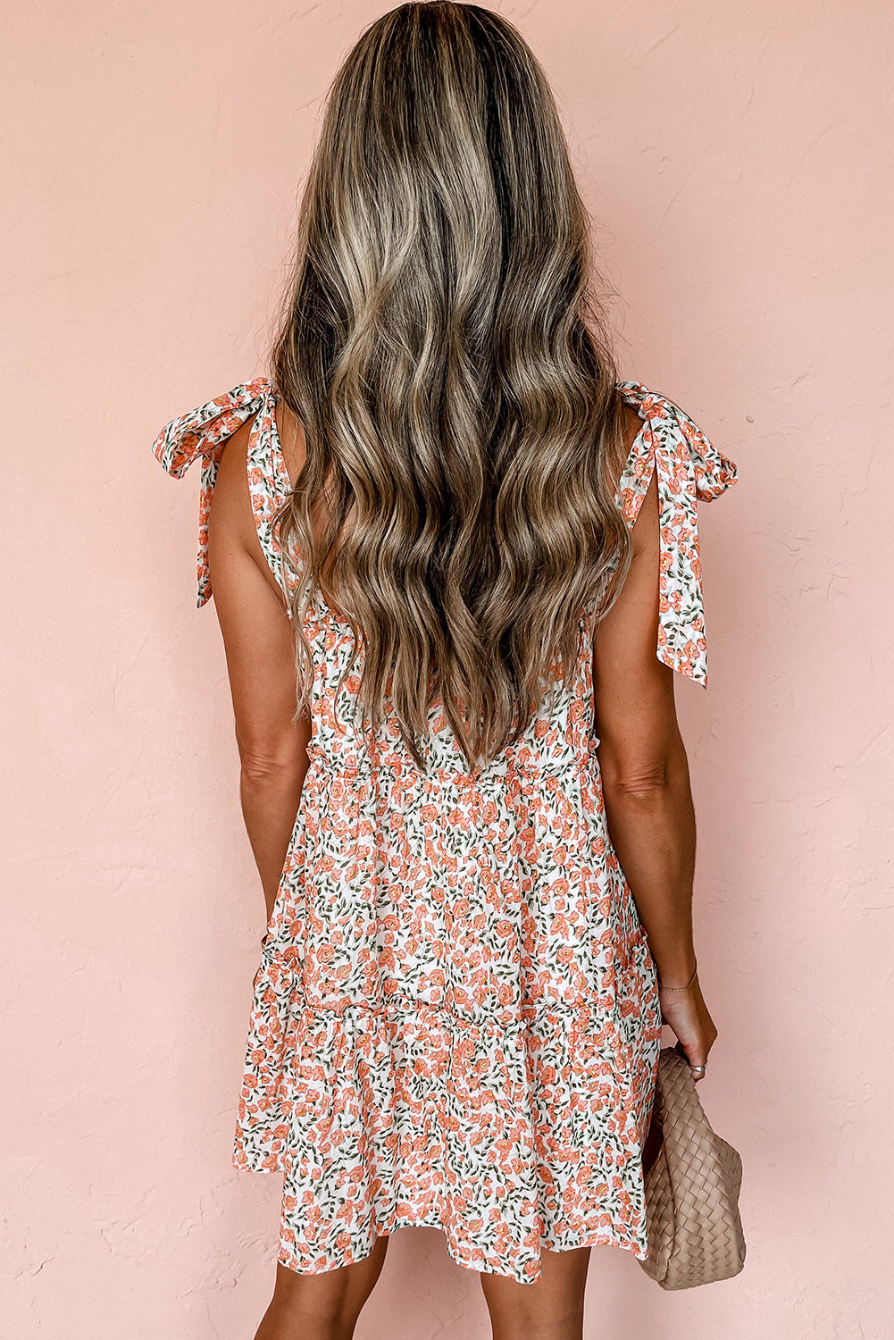 Orange Floral Knotted Straps Tiered Babydoll Dress