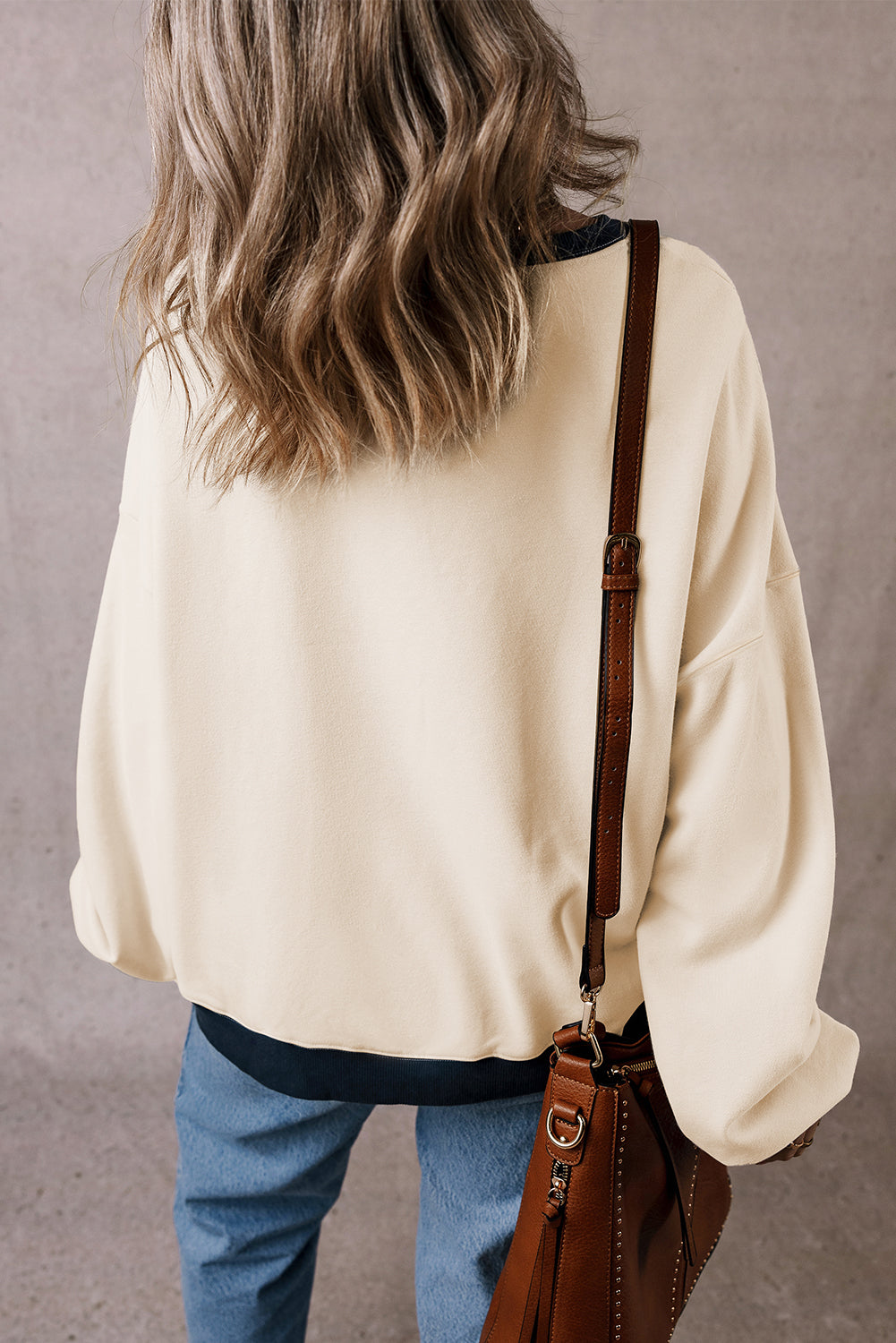 White Color Block Drop Shoulder Crewneck Oversized Sweatshirt