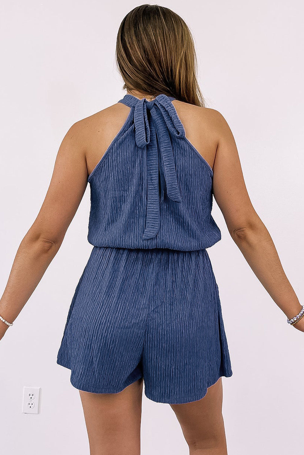 Bluing Knot Back Halter Crinkle Textured Romper