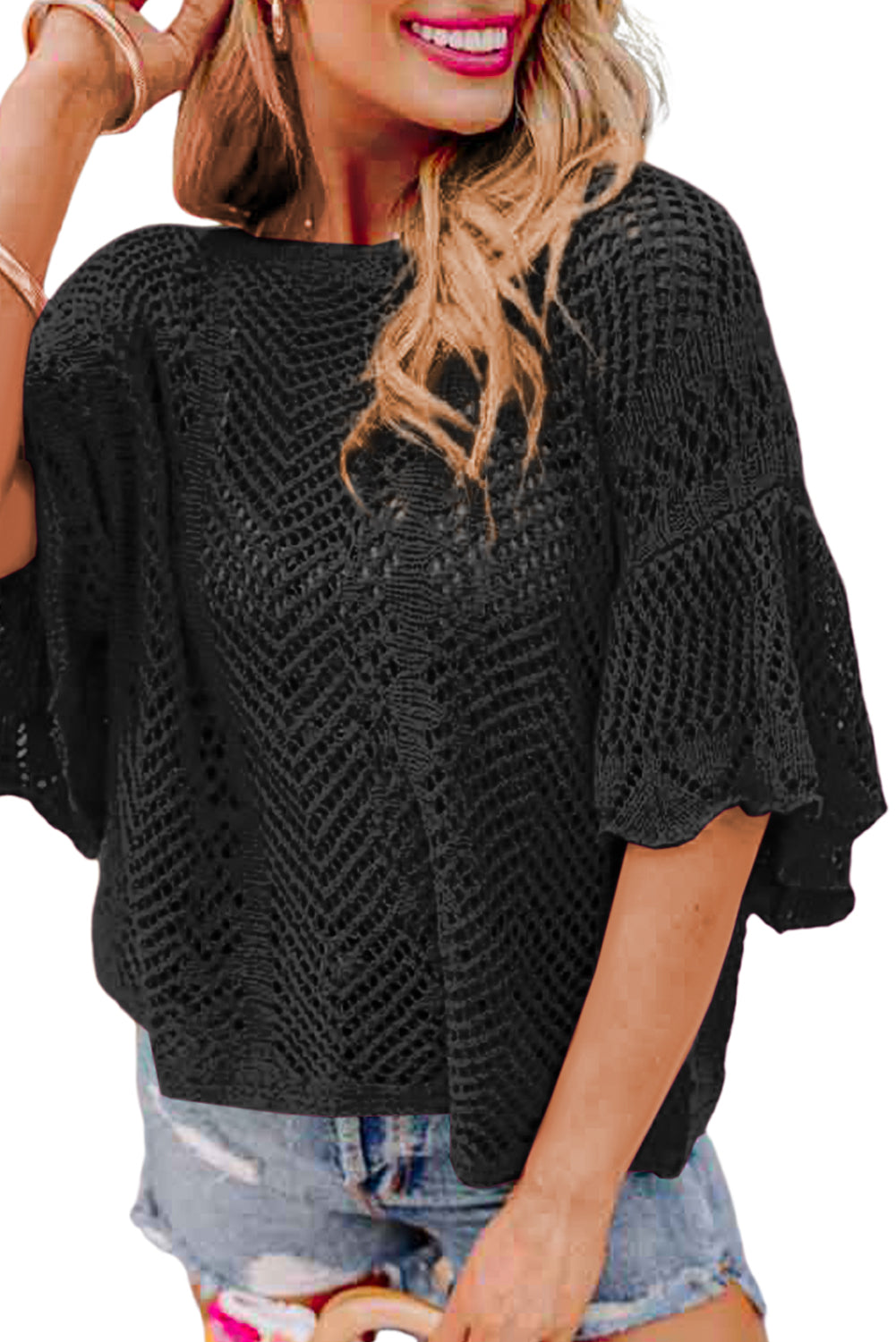 Black Pointelle Knit Scallop Edge Short Sleeve Blouse