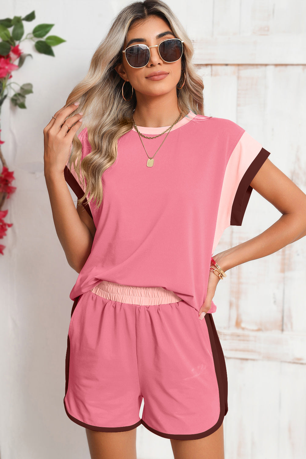 Peach Blossom Color Block Loose Fit Top & Elastic Waist Shorts Set