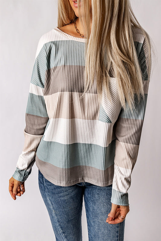 Green Color Block Casual Pocket Long Sleeve Top