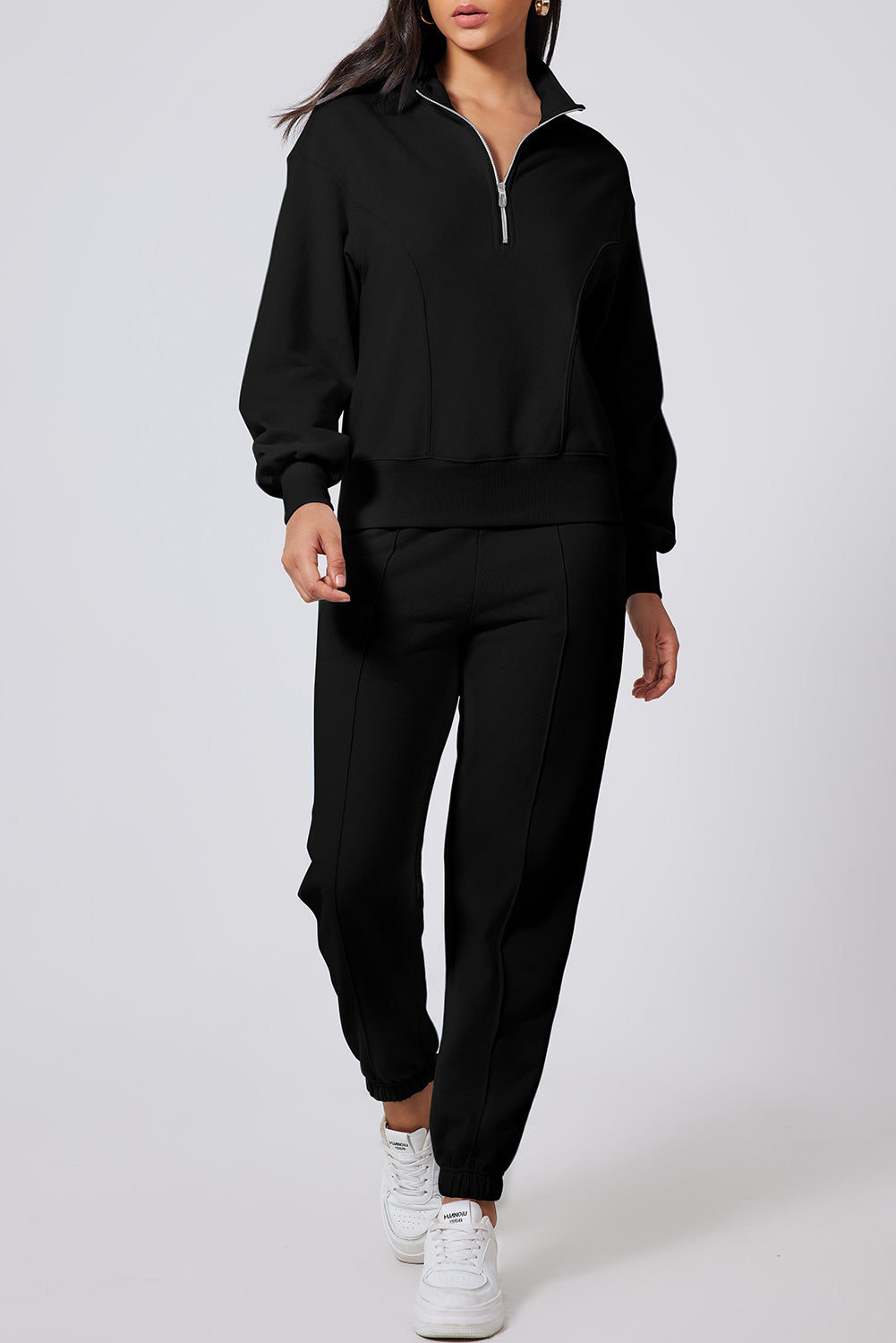 Black Solid Color Half Zip Up Pullover Top and Jogger Set