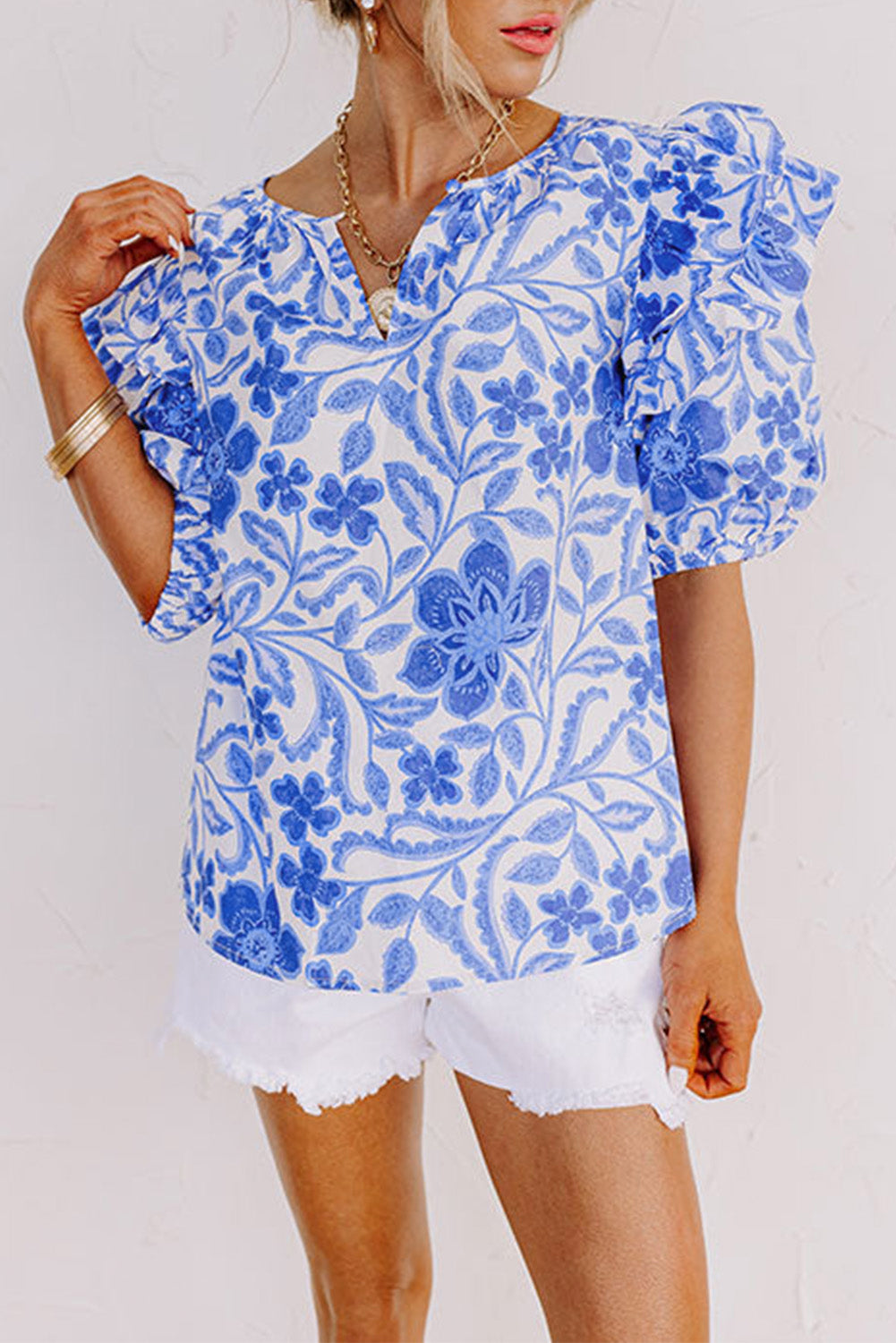 Wholesale Dark Blue Floral Print Ruffled Bubble Sleeve Blouse