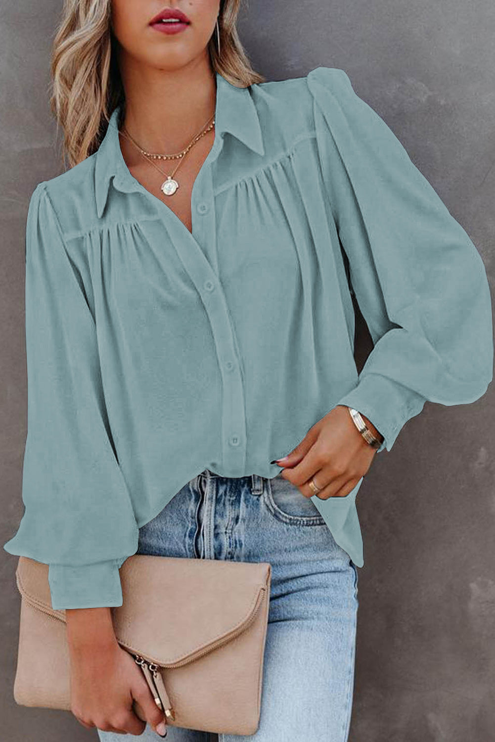 Light Blue Solid Color Button Up Puff Sleeve Casual Pleated Shirt