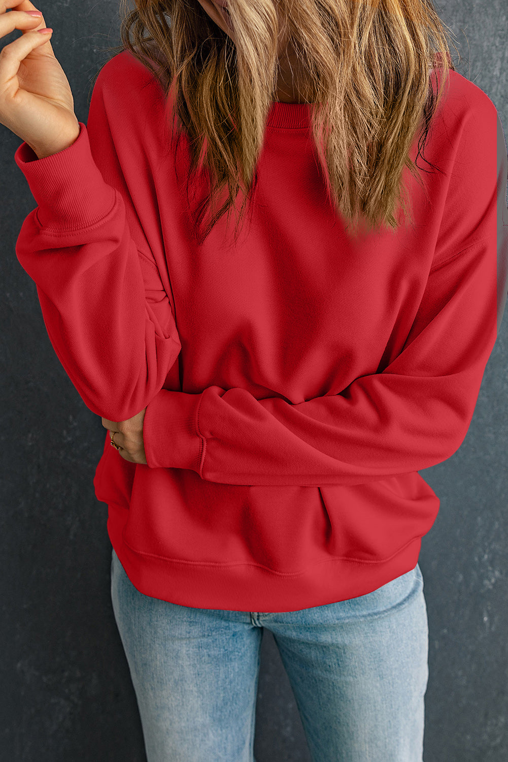 Red Solid Color Classic Crewneck Pullover Sweatshirt