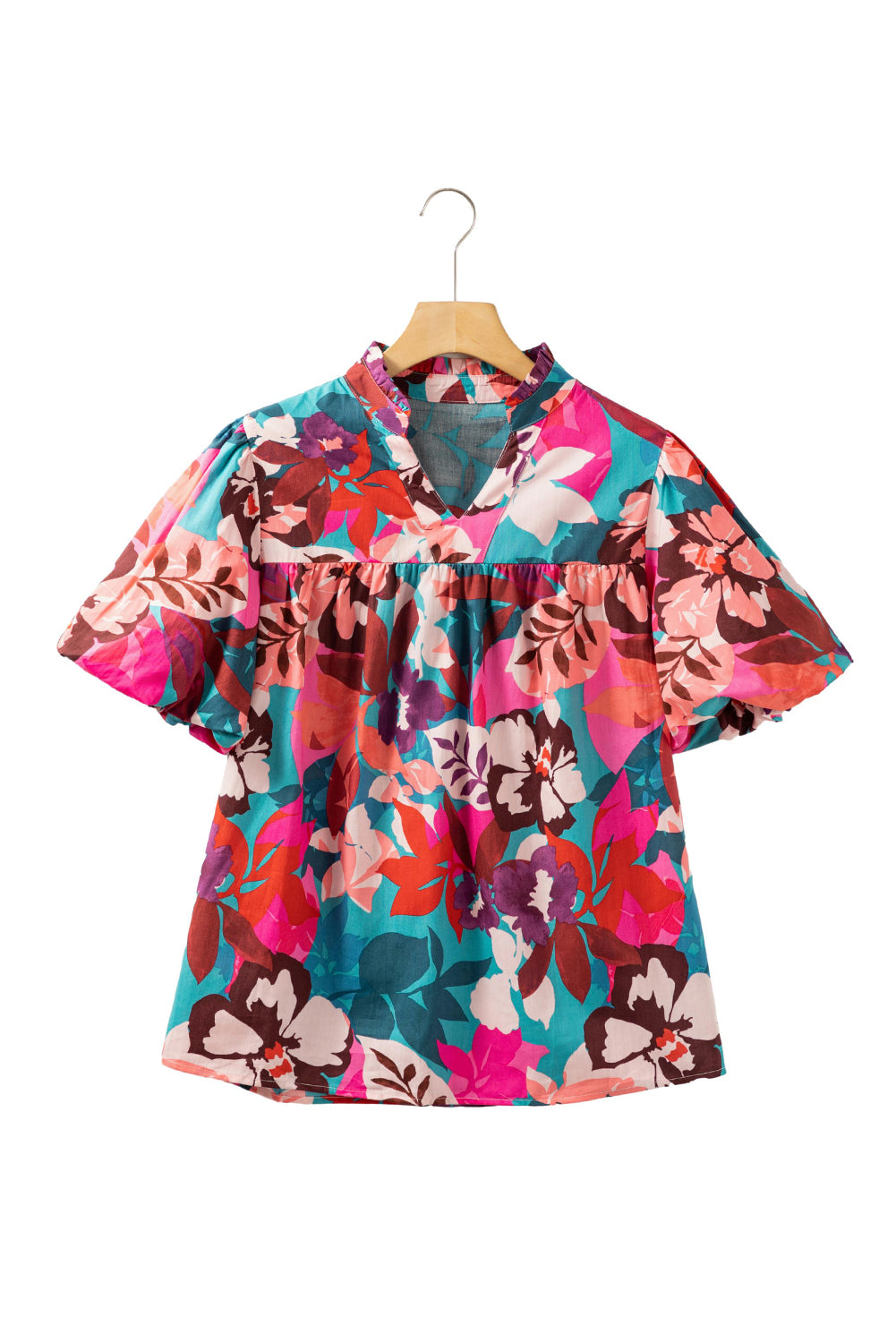 Wholesale Rose Red Floral Print V Neck Lantern Sleeve Blouse