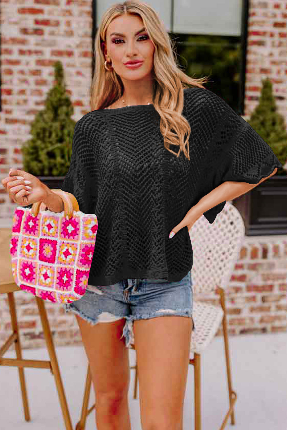 Black Pointelle Knit Scallop Edge Short Sleeve Blouse