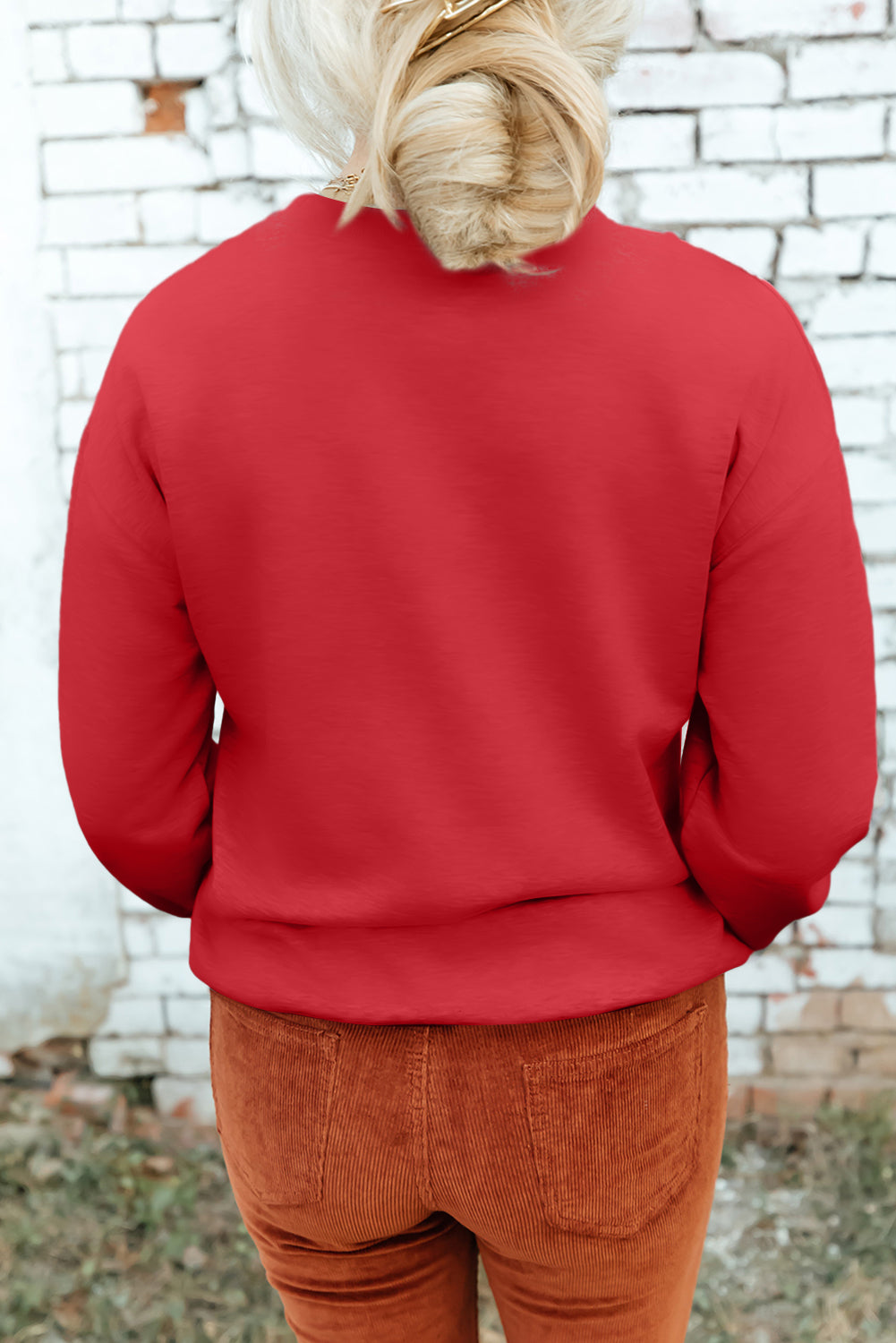 Red Solid Color Classic Crewneck Pullover Sweatshirt