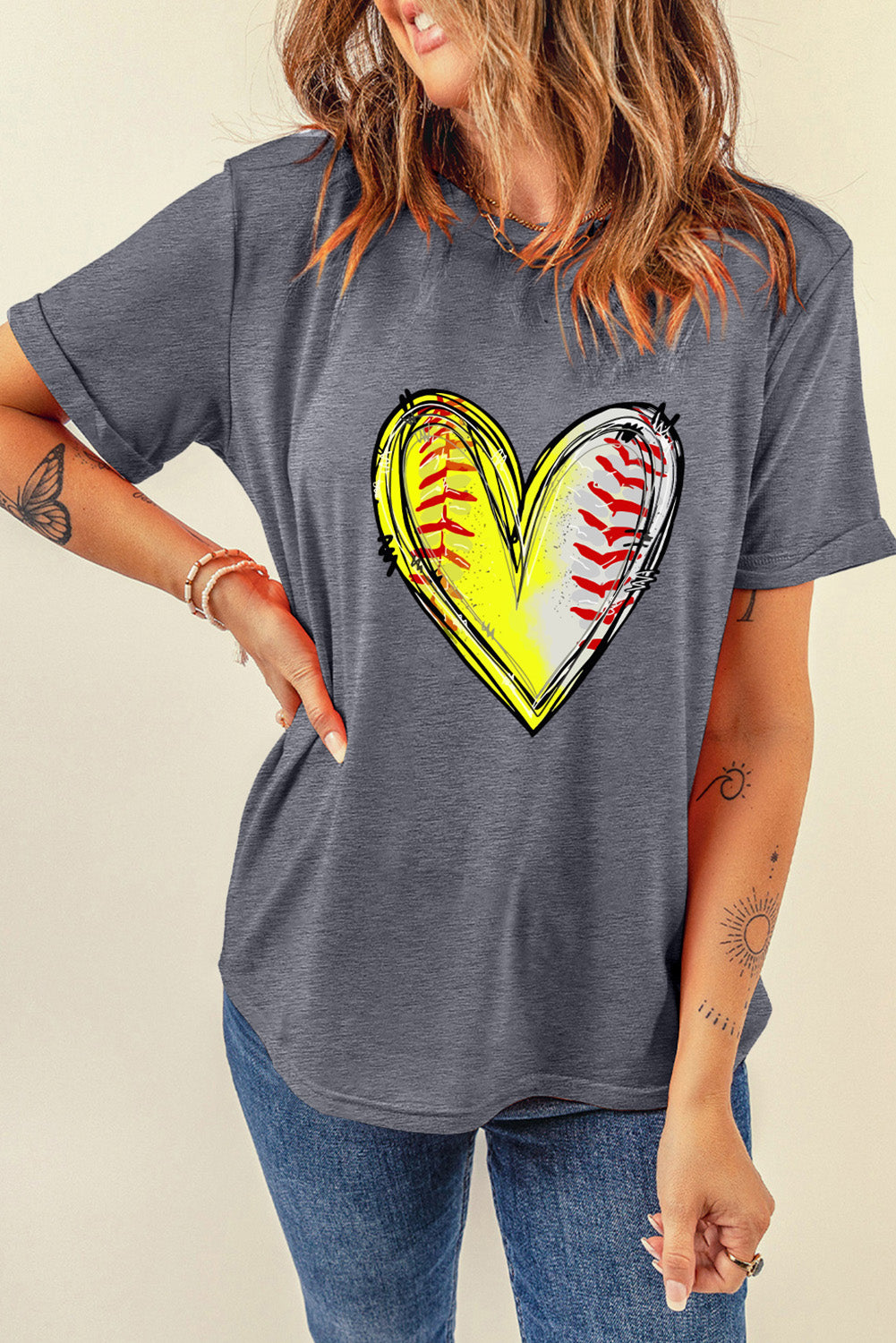 Gray Baseball Heart Shape Graphic Crew Neck T Shirt