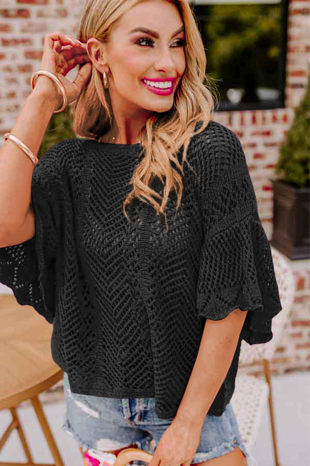 Black Pointelle Knit Scallop Edge Short Sleeve Blouse