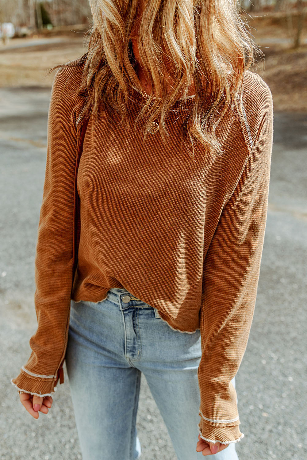 Red Exposed Seam Textured Pullover Long Sleeve Top