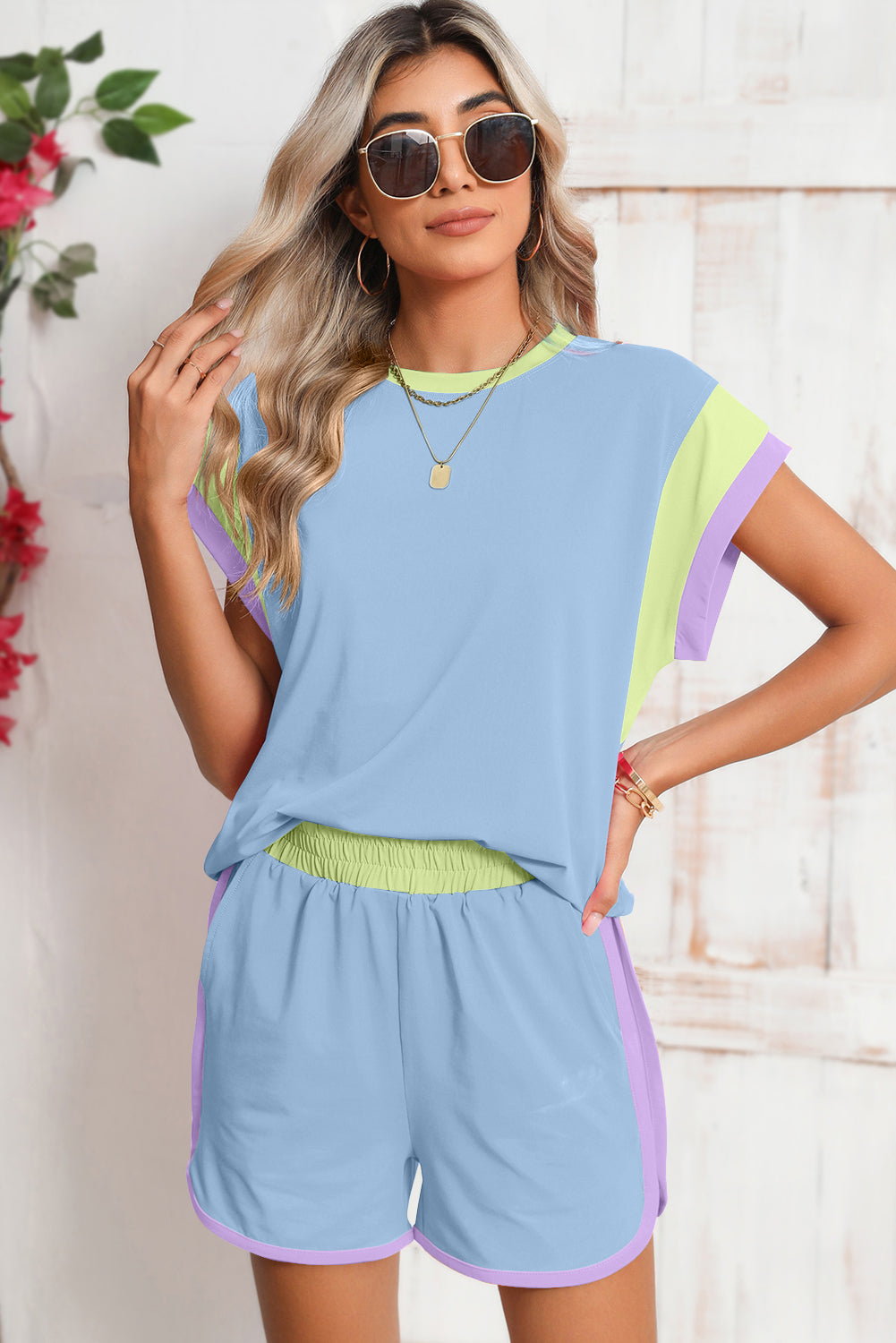 Peach Blossom Color Block Loose Fit Top & Elastic Waist Shorts Set