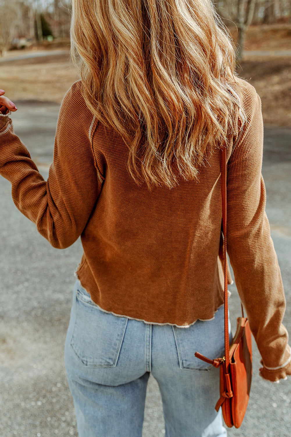 Red Exposed Seam Textured Pullover Long Sleeve Top