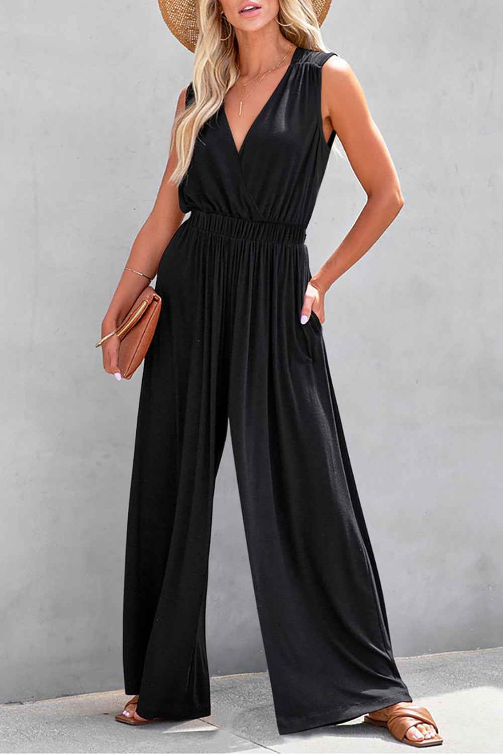 Black Deep V Pocketed Pleated Wide Leg Jumpsuit