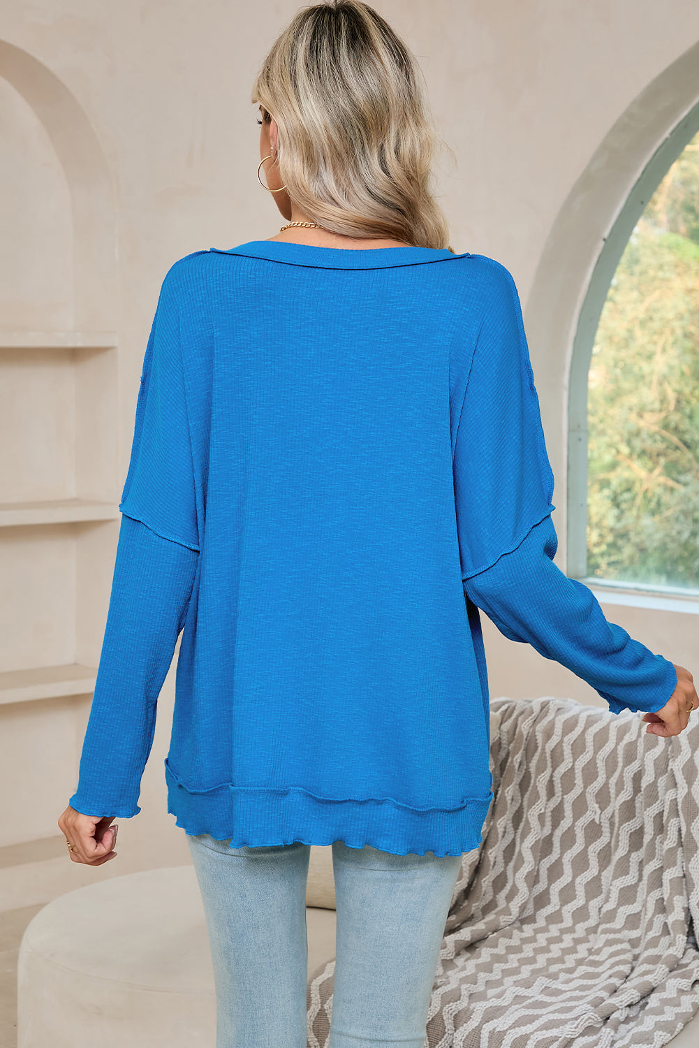 Blue V-Neck Pocketed Ribbed Dolman Top