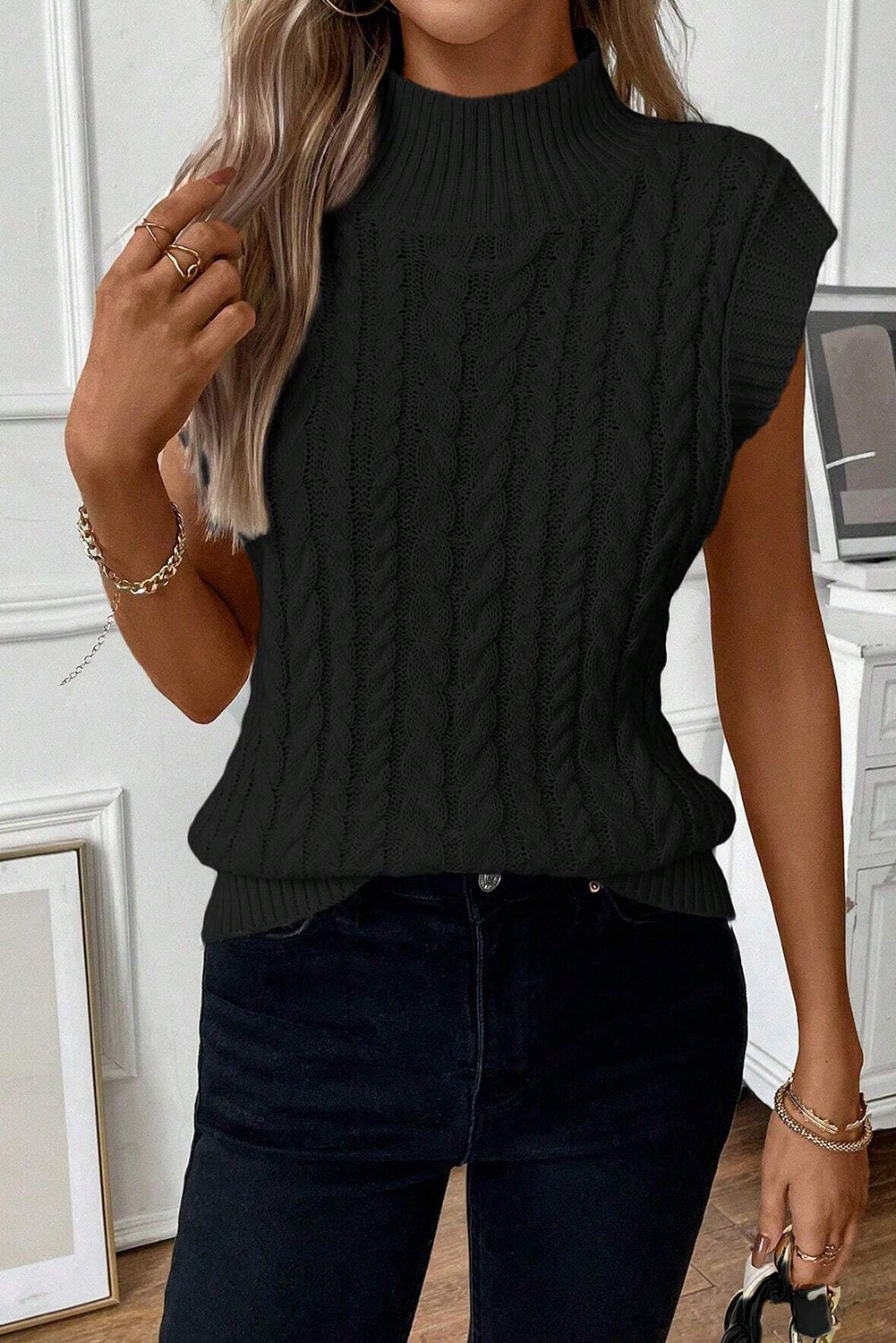 Oatmeal Ribbed Trim High Neck Cable Knit Sweater Vest